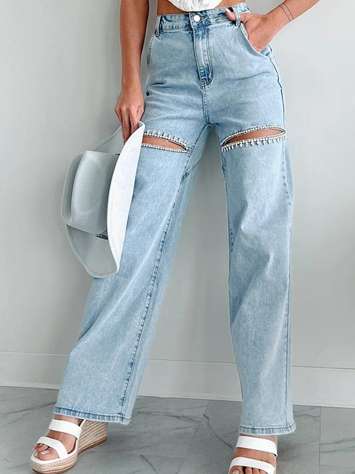 Rhinestone-Detailierte Distressed Straight Jeans