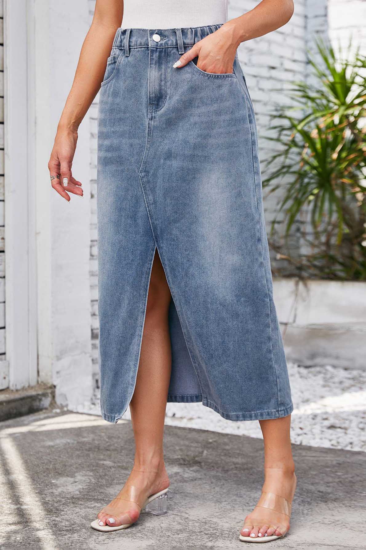 Gewaschener Denim-Midirock mit Gummizug in der Taille
