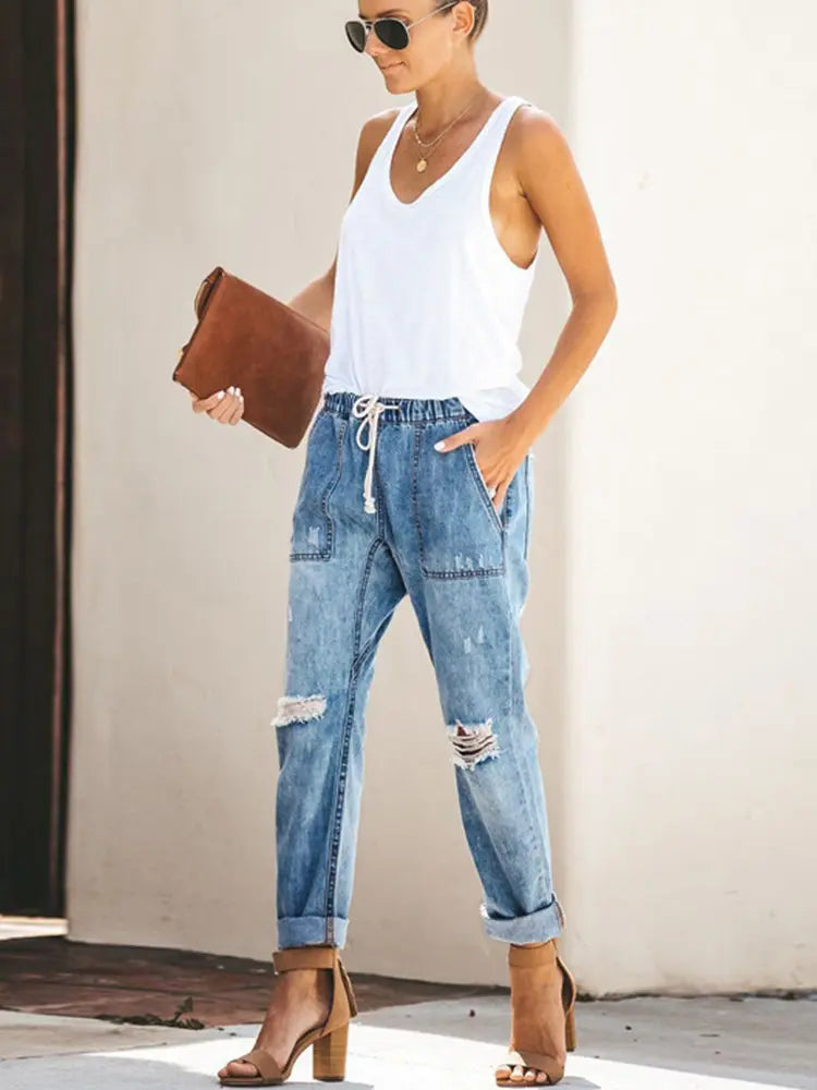 Herbst Kordelzug Zerrissene Jeanshose