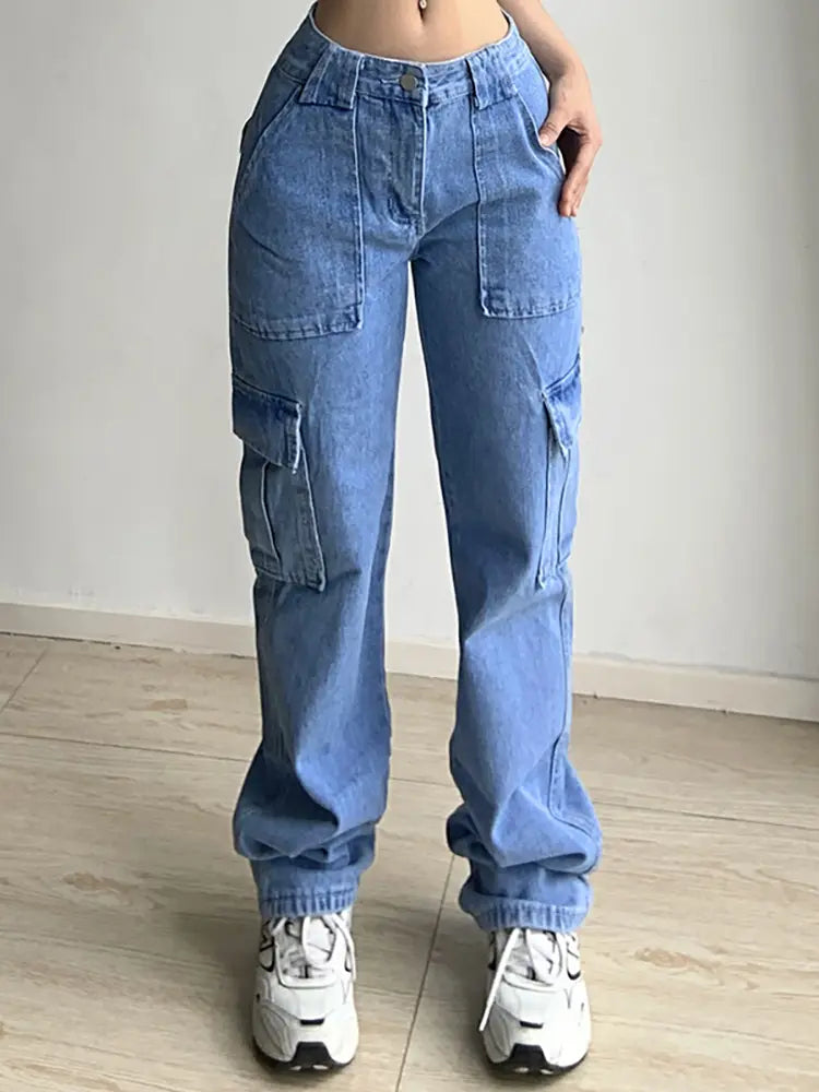 Vielseitige lockere Jeans-Cargo-Hose mit mehreren Taschen