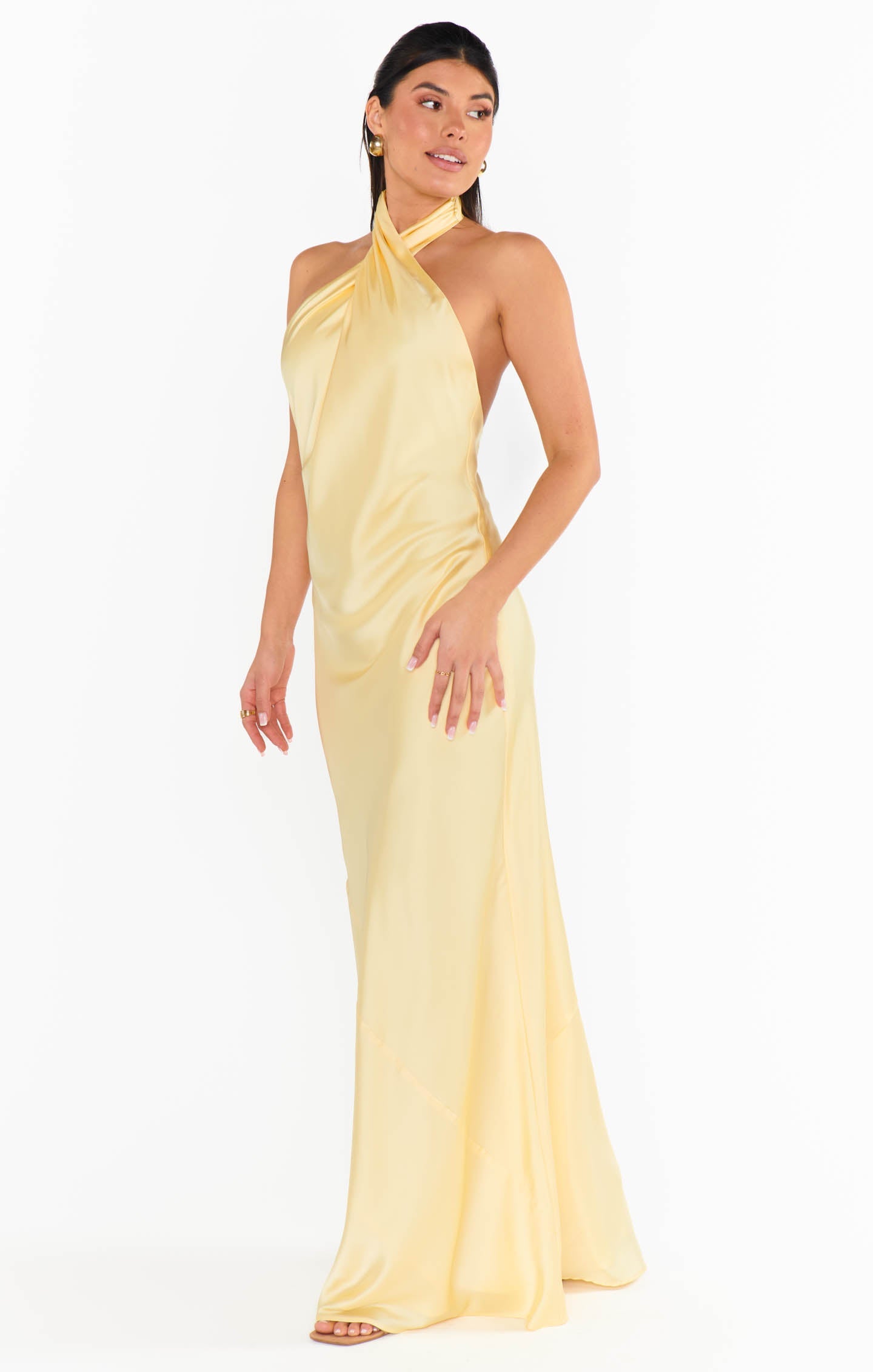 Jasmine Neckholder Maxikleid ~ Hellgelb Luxus Satin