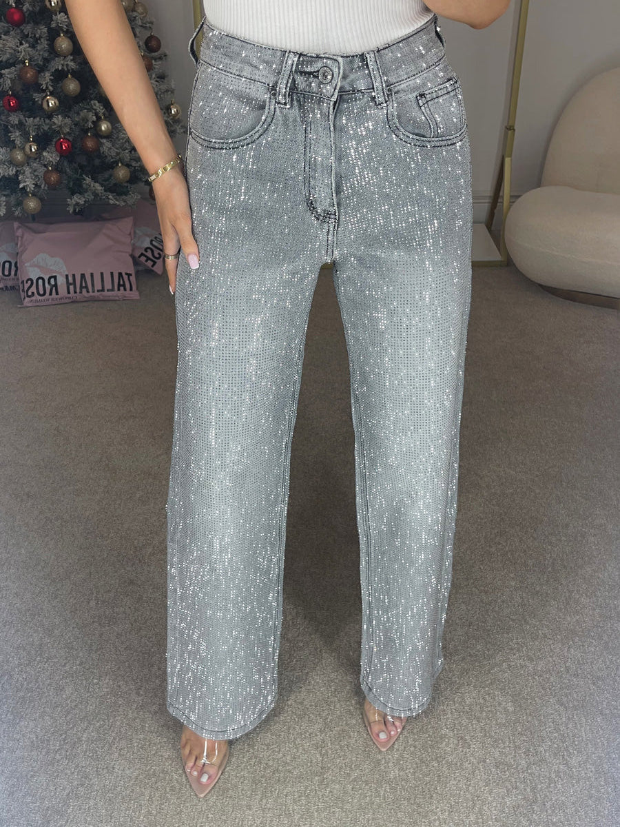 Premium Weites Bein Diamanté Denim Jeans in Sturm Grau