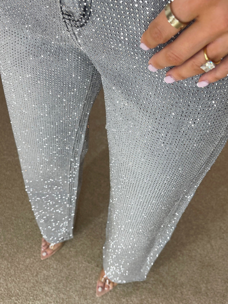 Premium Weites Bein Diamanté Denim Jeans in Sturm Grau