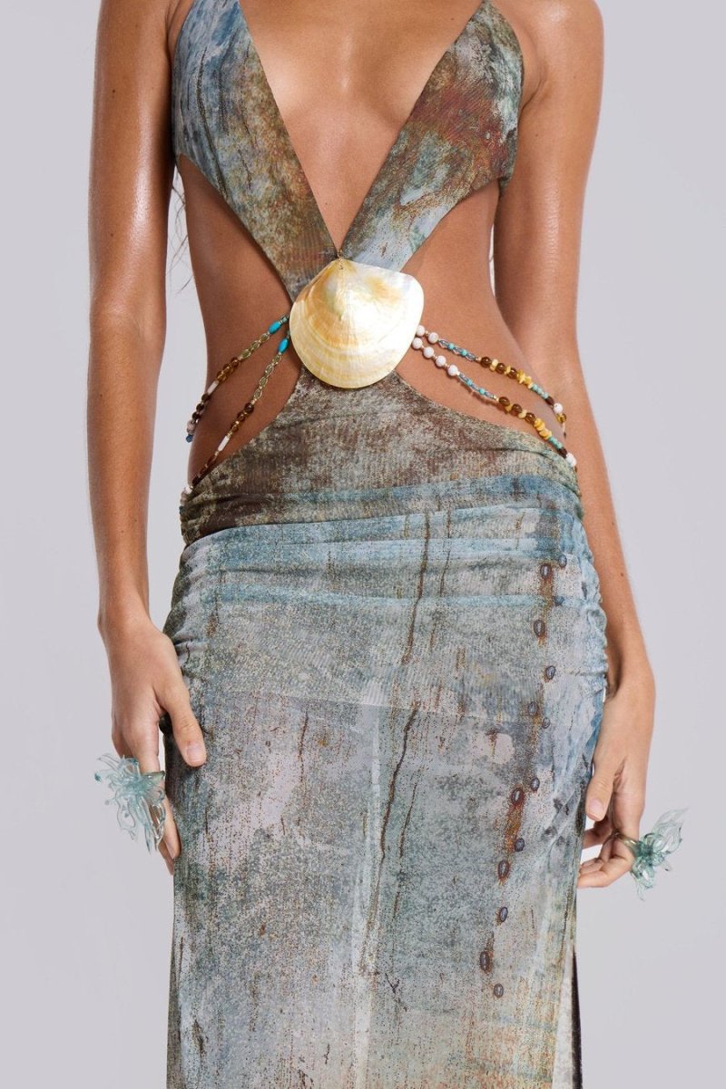 Eve Halterneck Shell Trim Maxi Mesh Kleid