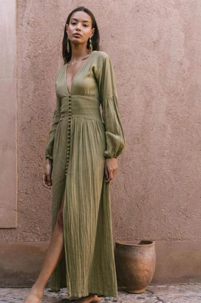 Giselle V-Ausschnitt Plissee Maxi Milchmädchenkleid