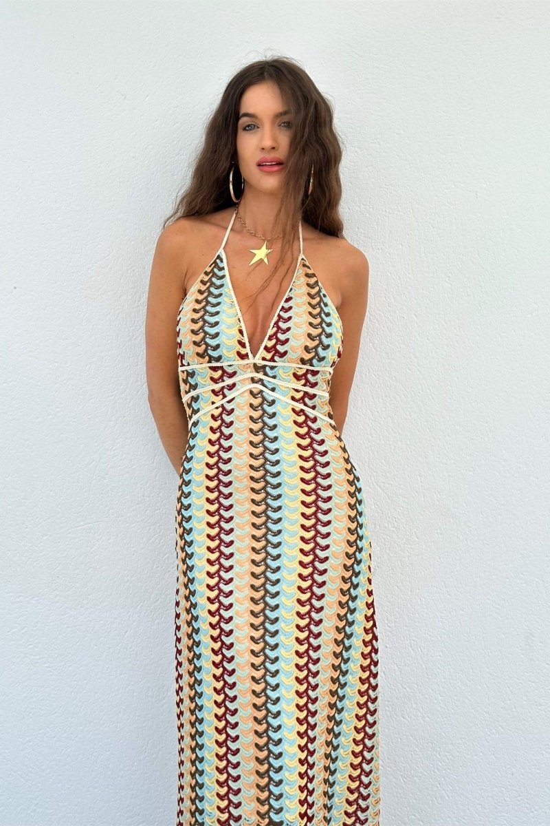 Halter V-Ausschnitt rückenfrei Boho Muster Strick Slim-Fit Urlaubs Maxikleider-Beige