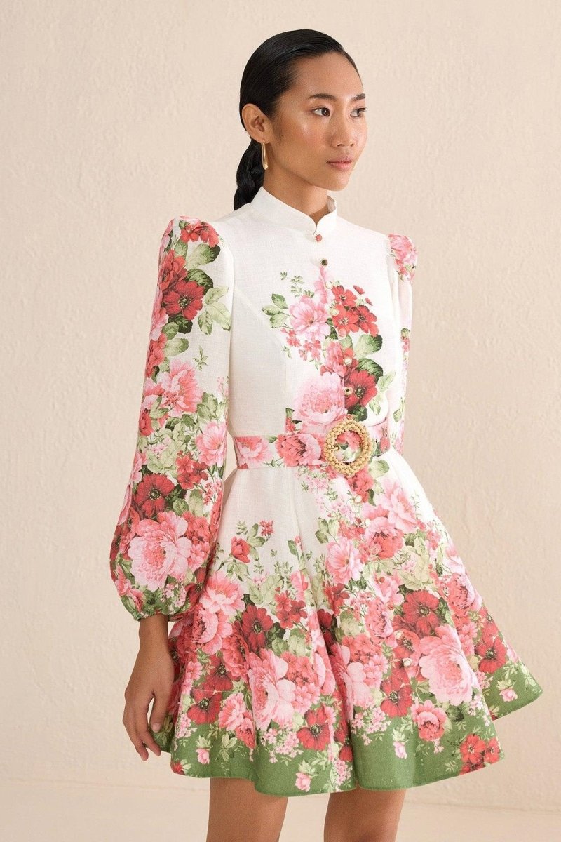 Renata Blumen Print Ballonärmel Minikleid