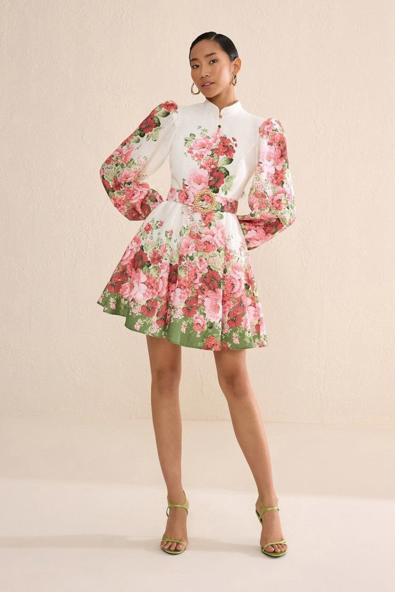 Renata Blumen Print Ballonärmel Minikleid