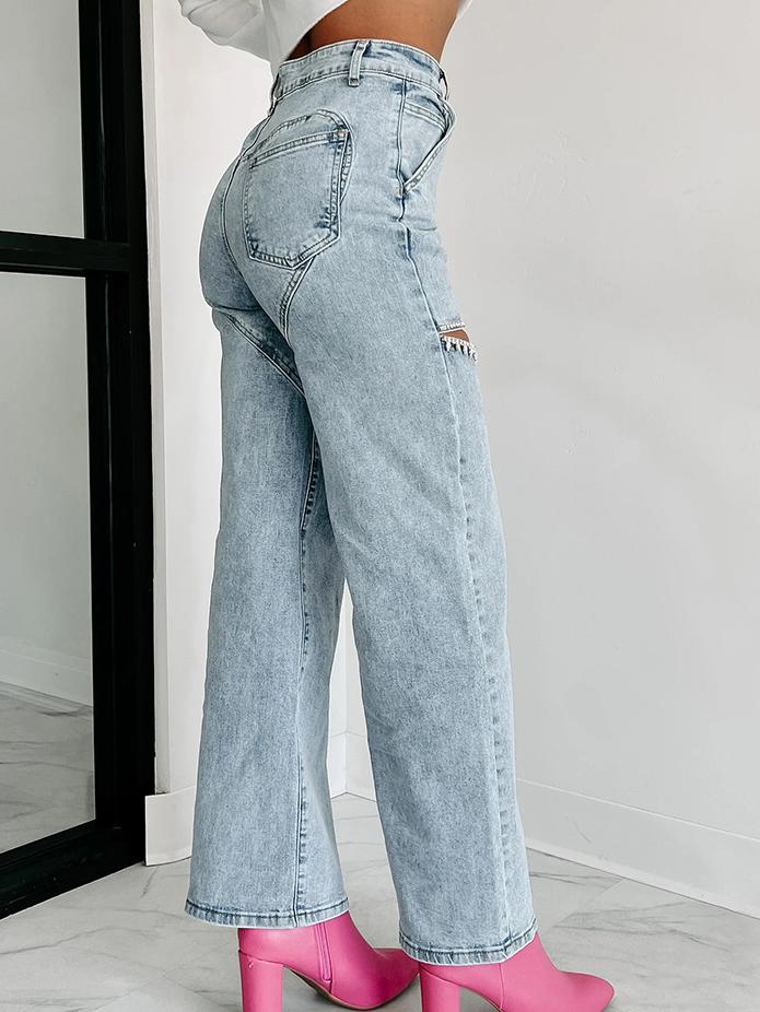 Rhinestone-Detailierte Distressed Straight Jeans