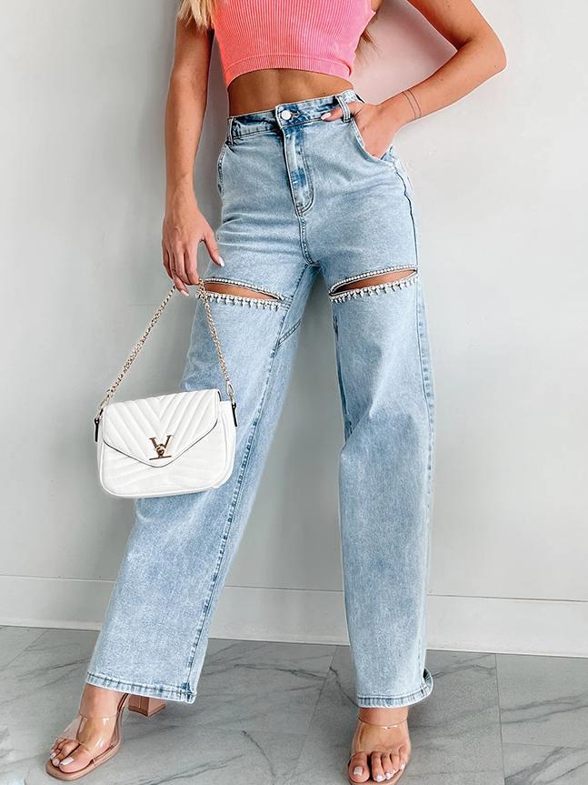 Rhinestone-Detailierte Distressed Straight Jeans