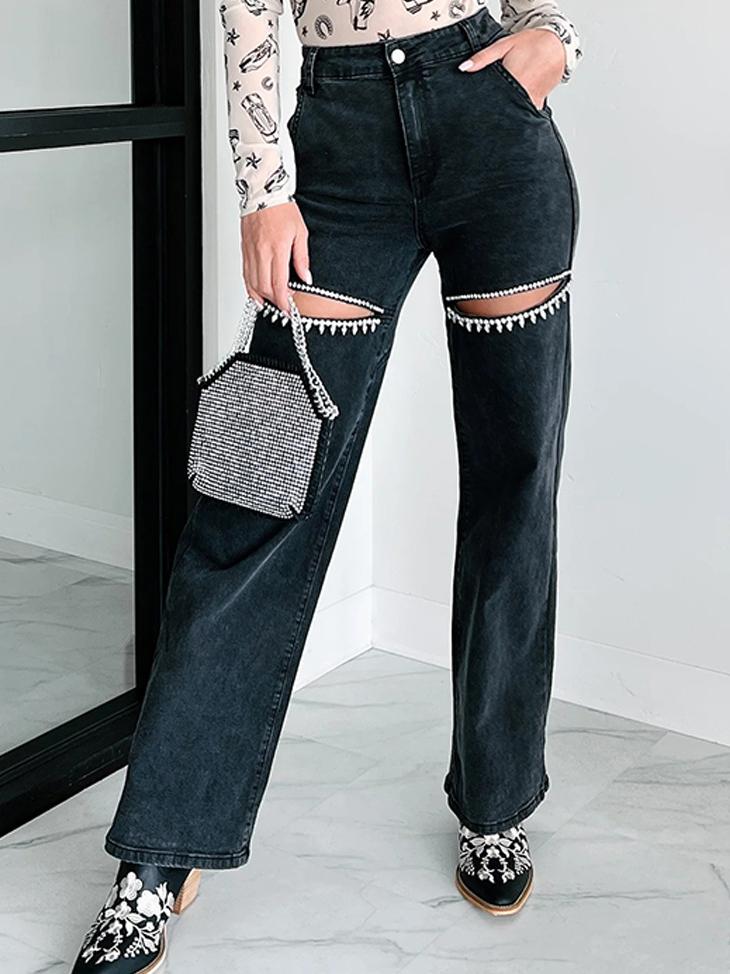 Rhinestone-Detailierte Distressed Straight Jeans