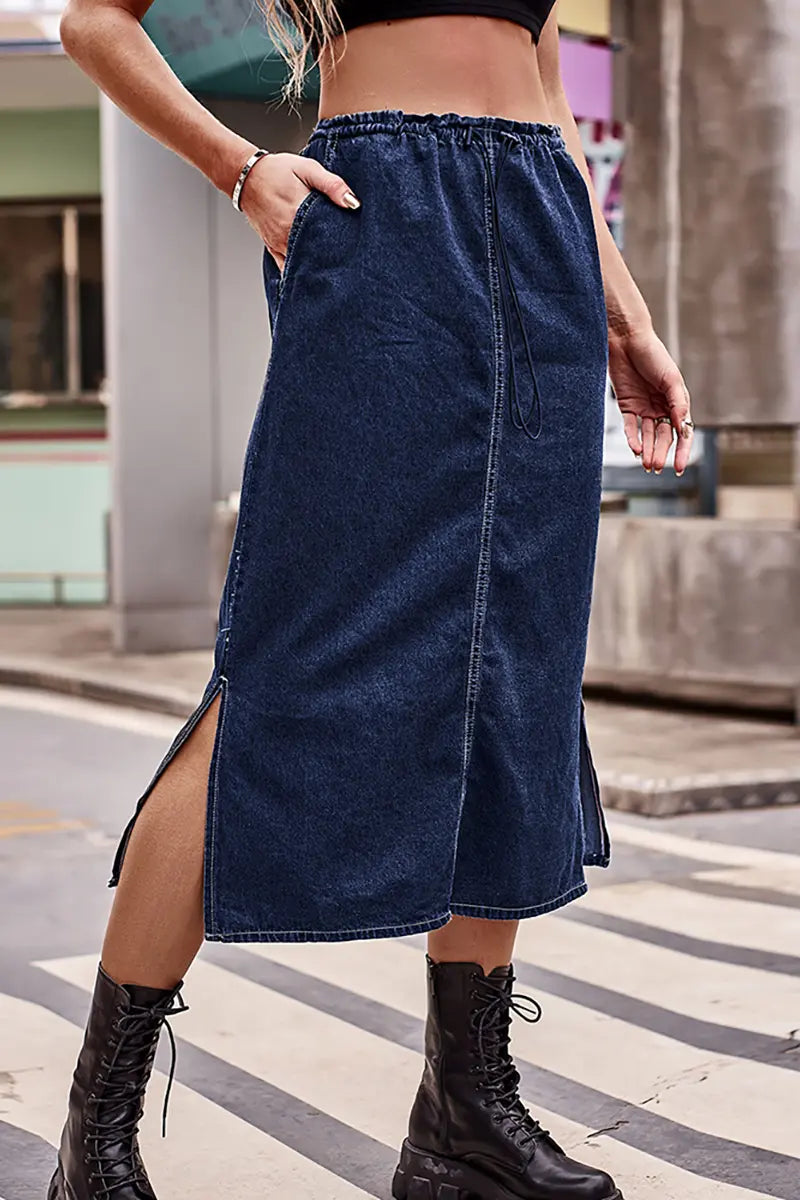 Kordelzug-Taille Denim Midiröck