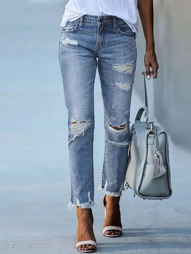Slim Fit Zerrissene Cropped Jeans