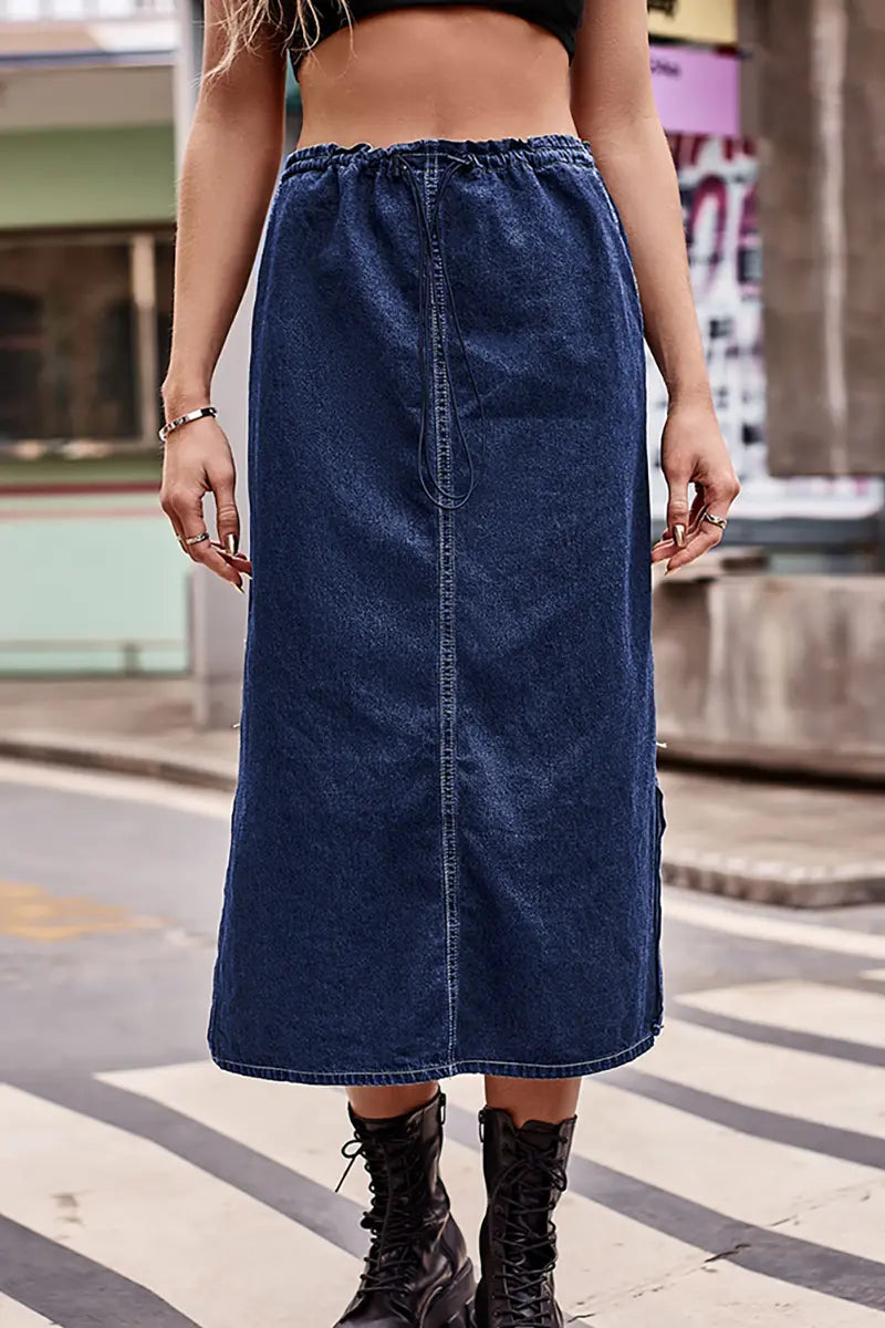 Kordelzug-Taille Denim Midiröck
