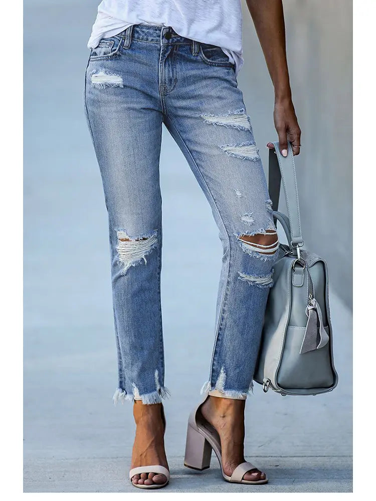 Slim Fit Zerrissene Cropped Jeans
