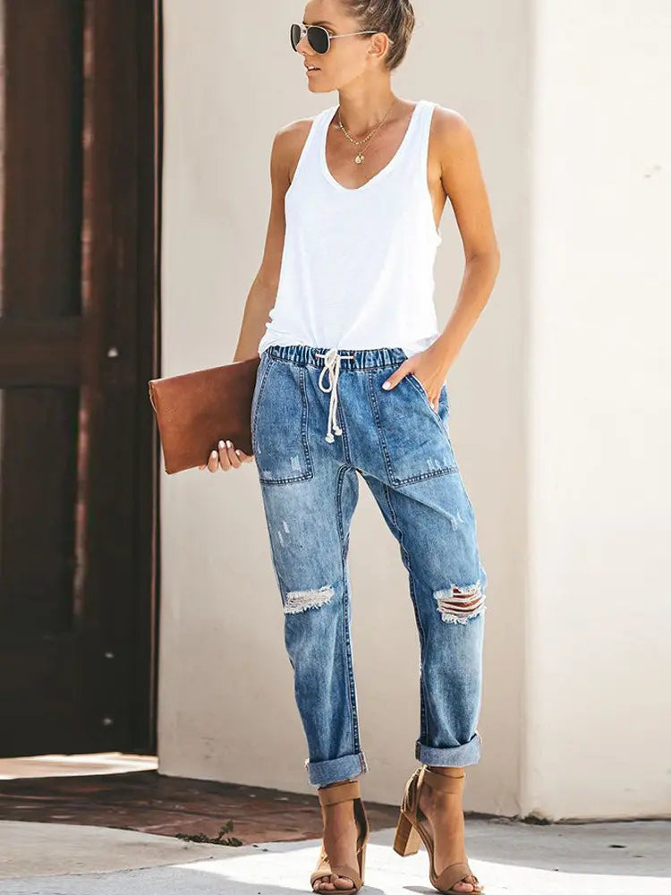 Herbst Kordelzug Zerrissene Jeanshose