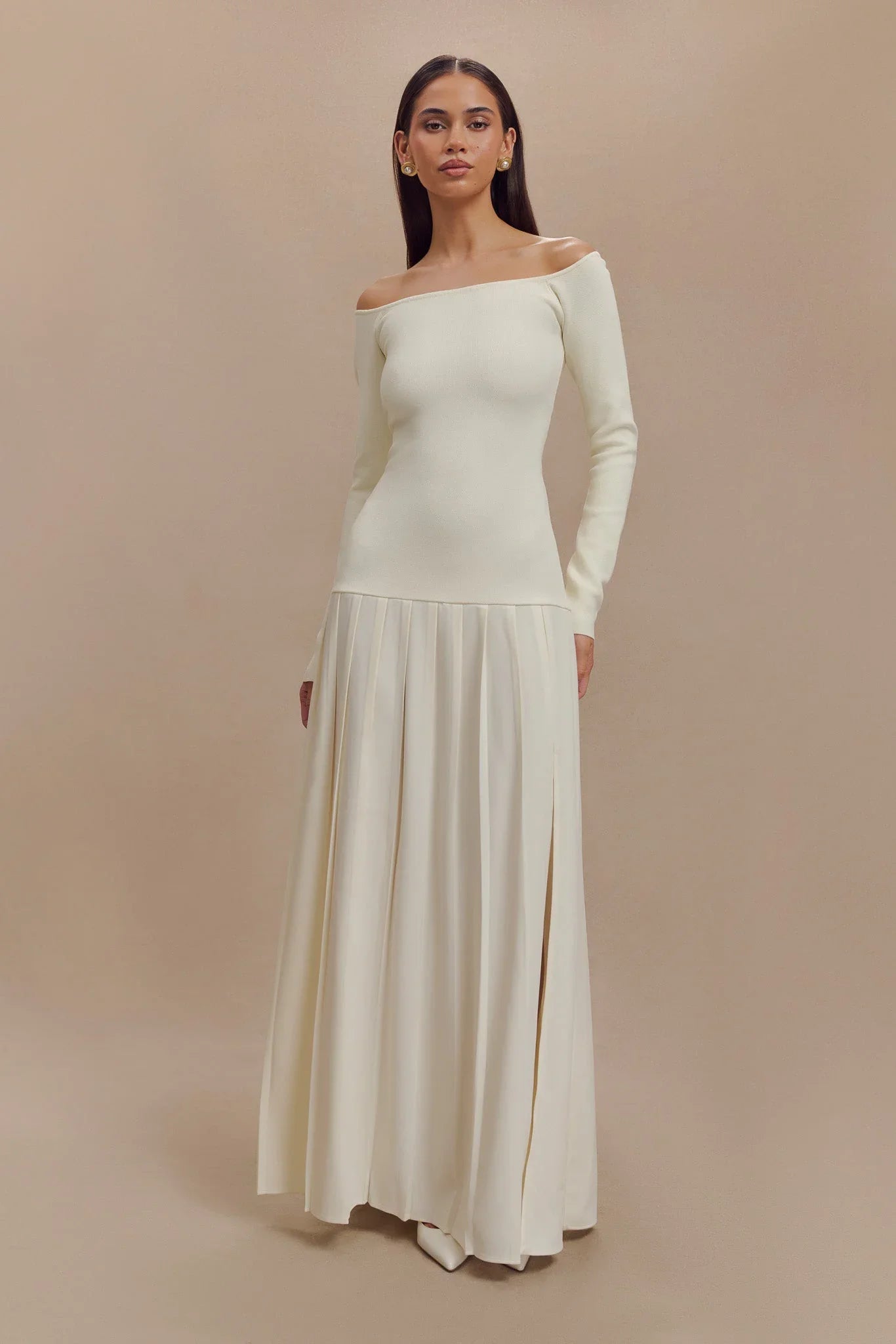 Strickkleid mit Carmen-Ausschnitt Maxi - Elfenbein