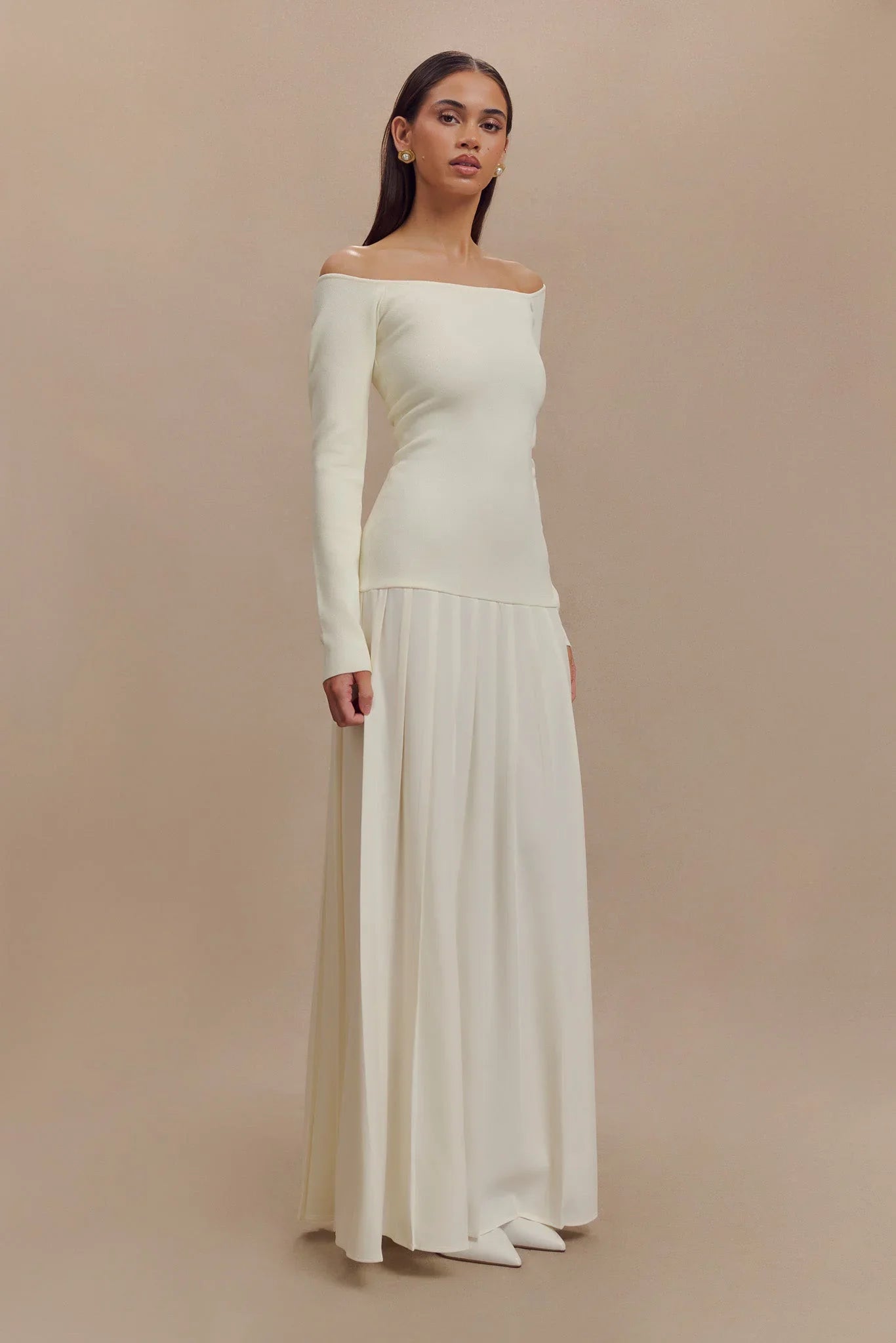 Strickkleid mit Carmen-Ausschnitt Maxi - Elfenbein