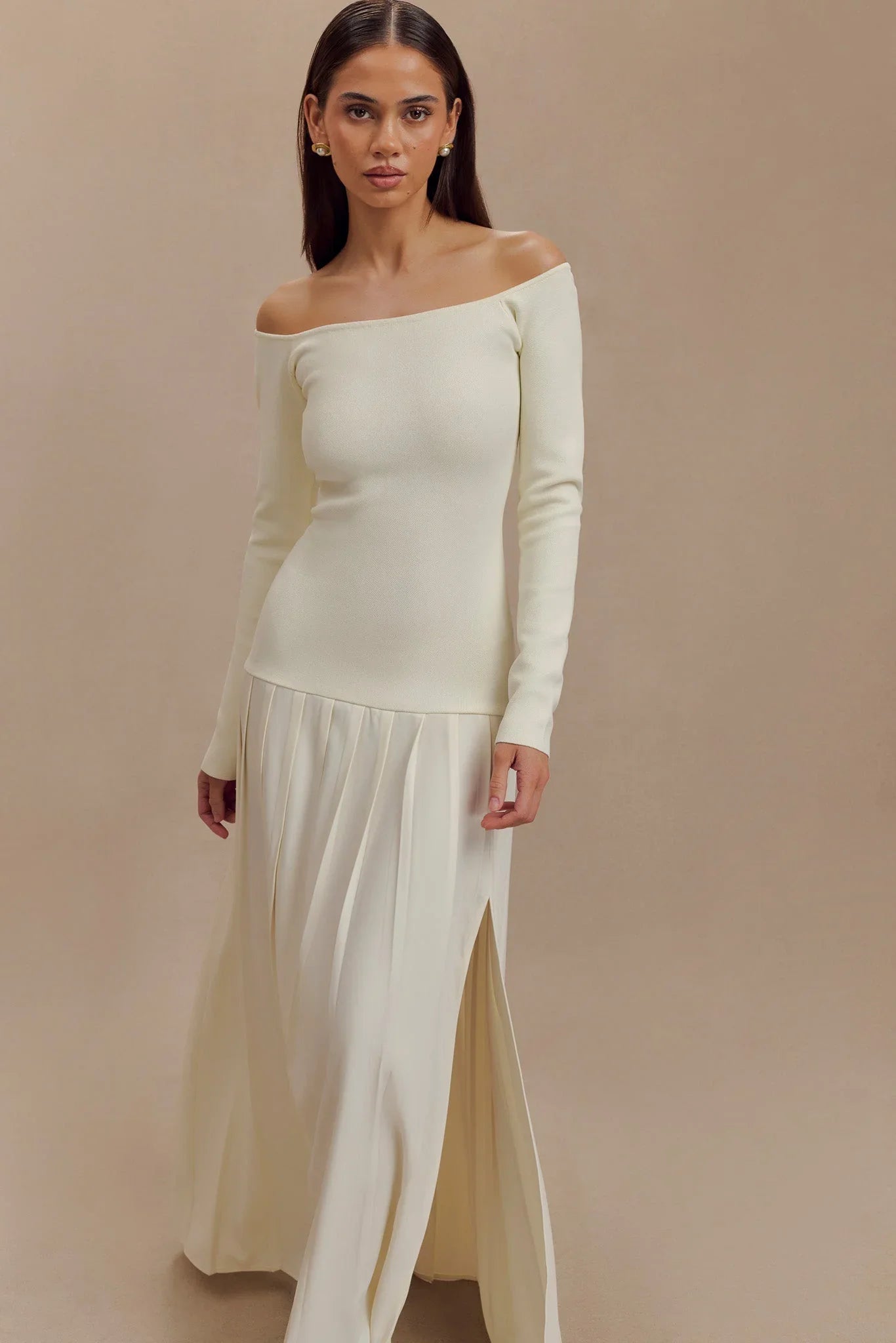 Strickkleid mit Carmen-Ausschnitt Maxi - Elfenbein