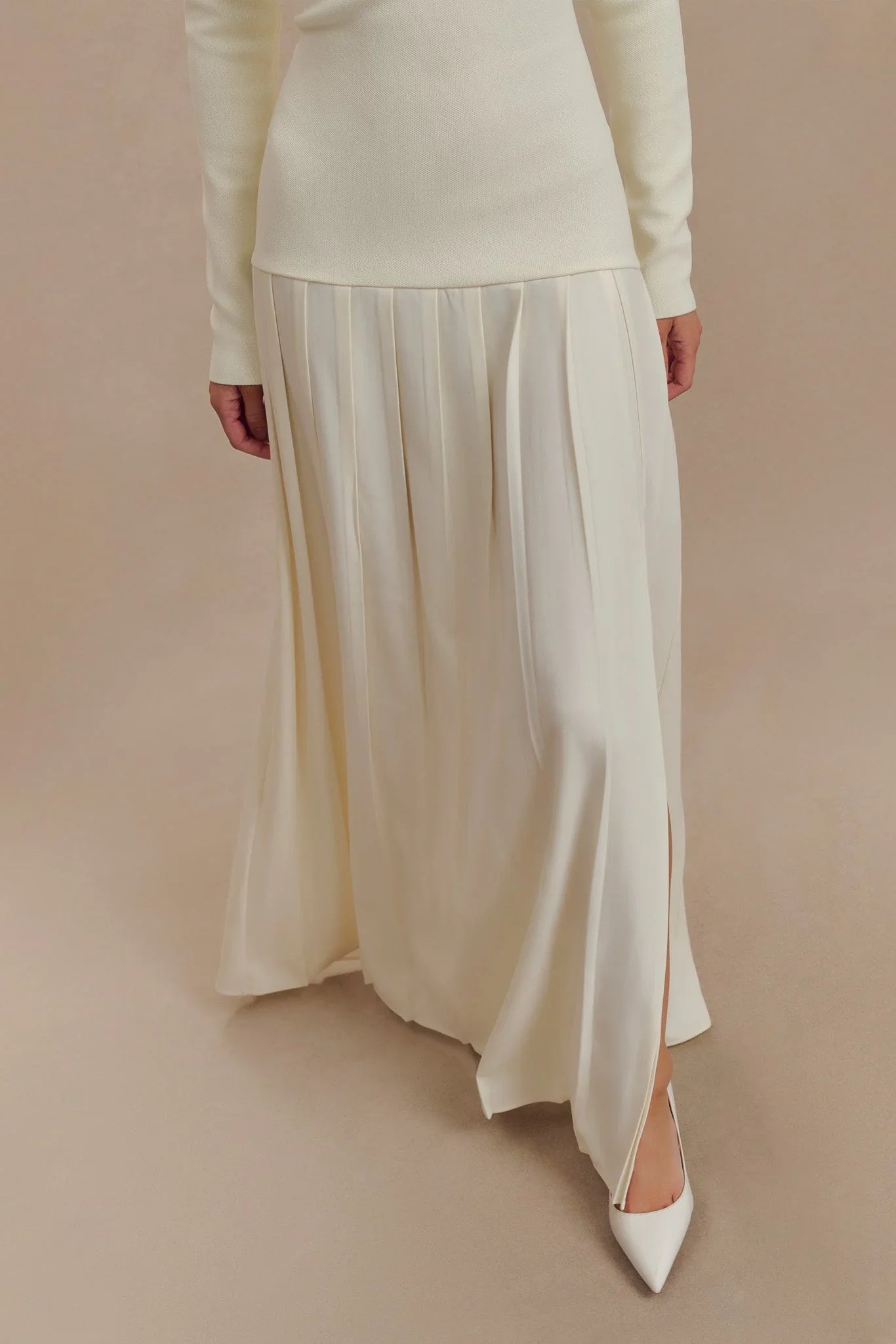 Strickkleid mit Carmen-Ausschnitt Maxi - Elfenbein