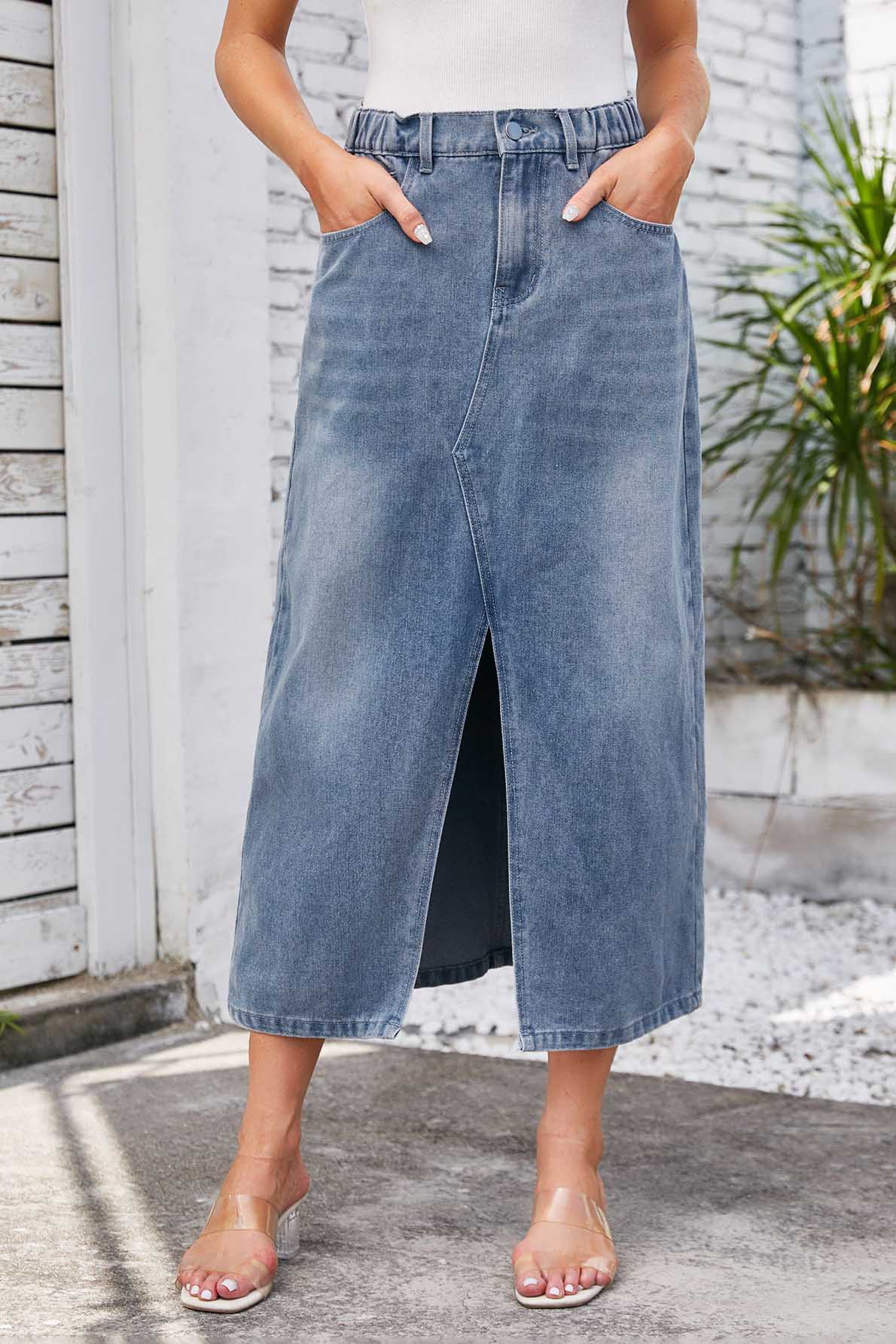 Gewaschener Denim-Midirock mit Gummizug in der Taille