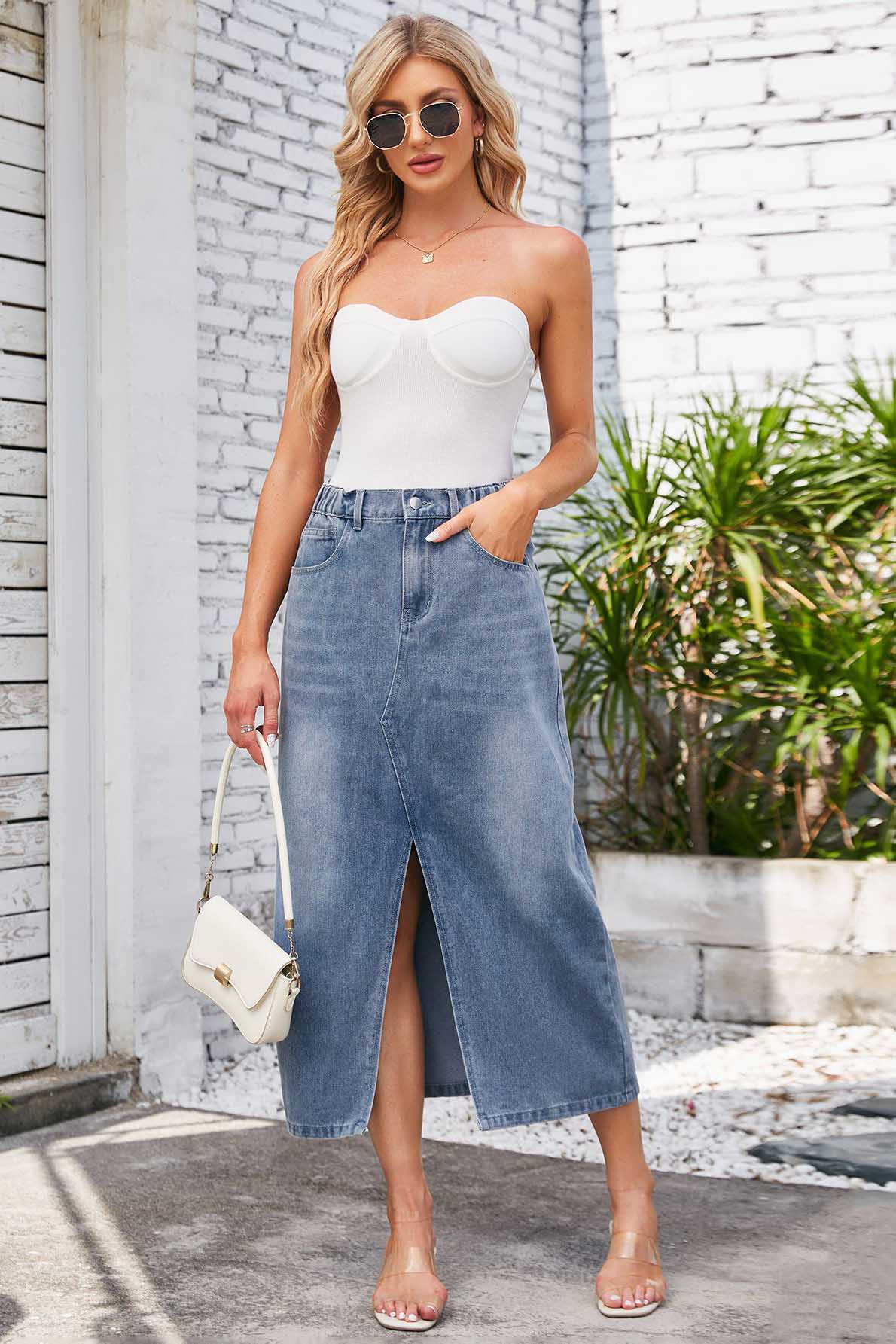 Gewaschener Denim-Midirock mit Gummizug in der Taille