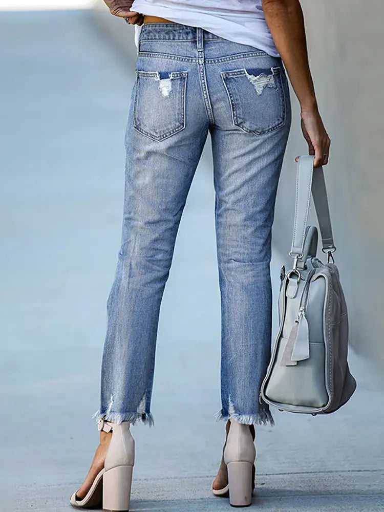 Slim Fit Zerrissene Cropped Jeans