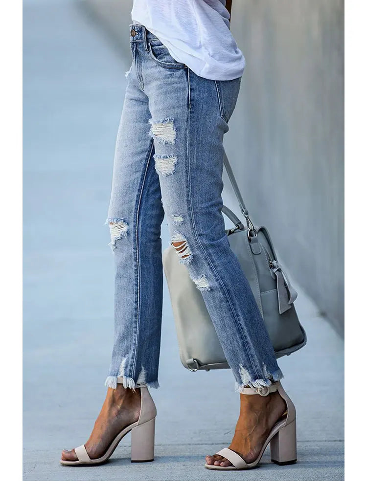 Slim Fit Zerrissene Cropped Jeans