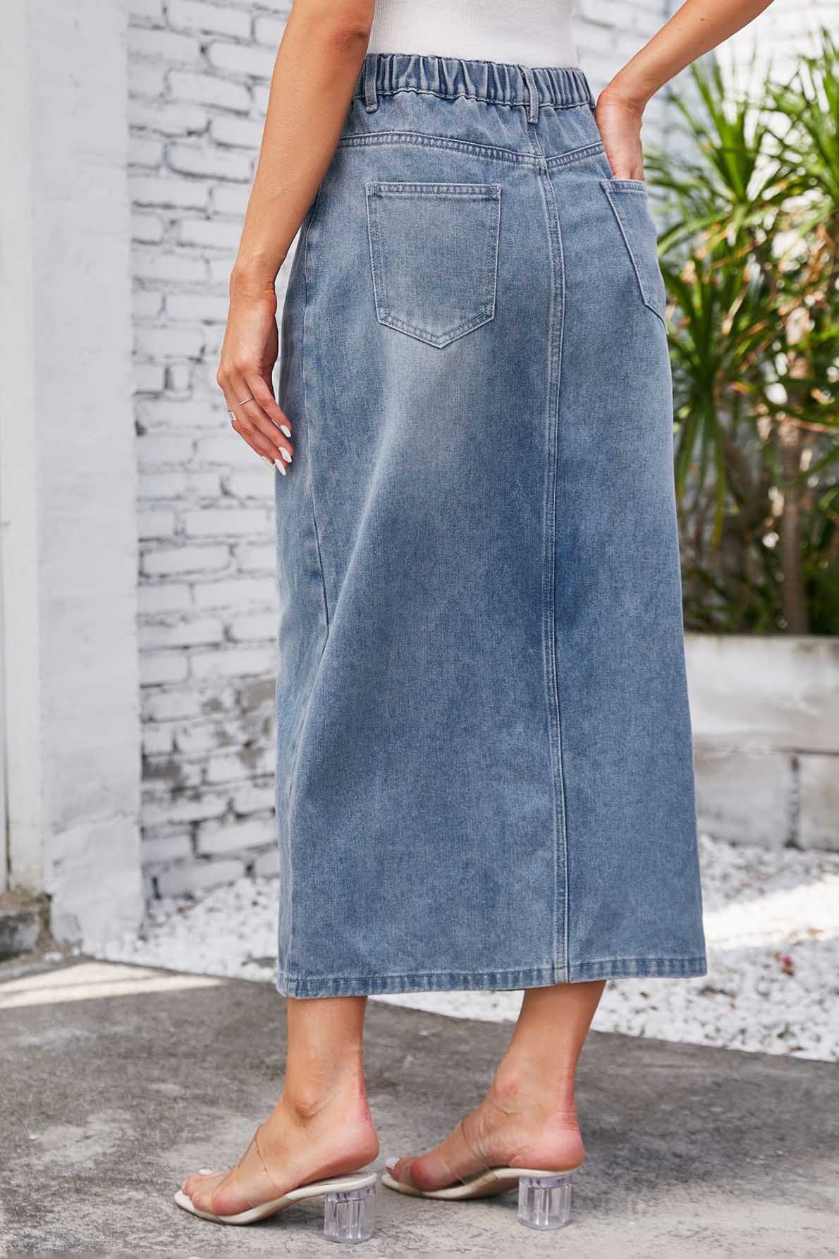 Gewaschener Denim-Midirock mit Gummizug in der Taille