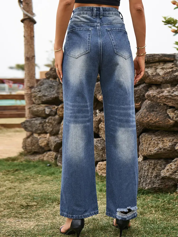 Trendige Ripped High-Waist Jeans mit weitem Bein