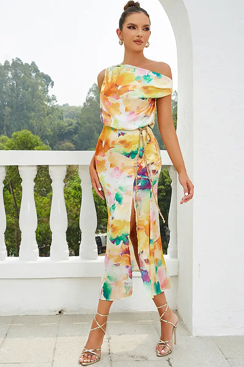 Off-Shoulder Blumenkleid mit Schlitz