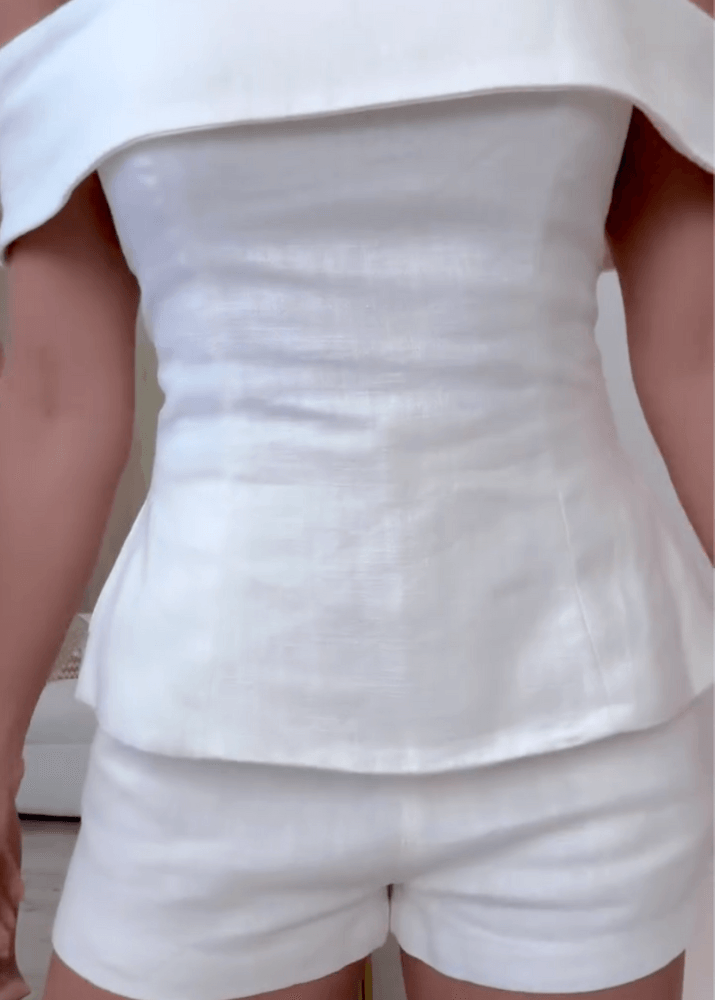 Elegantes zweiteiliges Anzug-Set aus weißer Baumwolle und Leinen für Damen