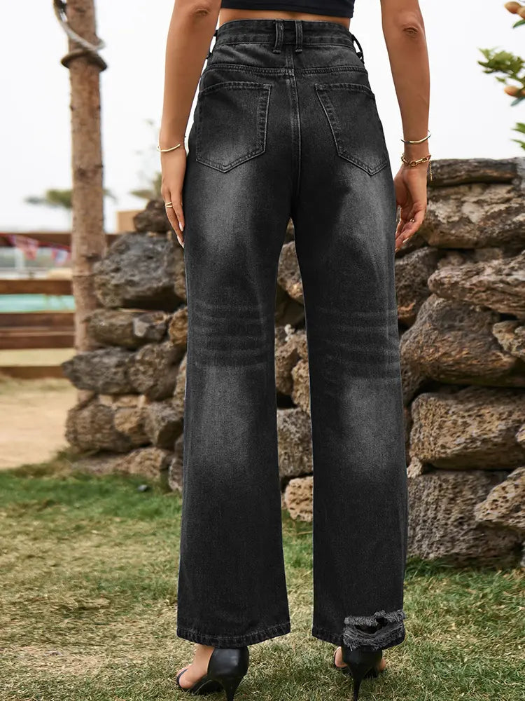 Trendige Ripped High-Waist Jeans mit weitem Bein