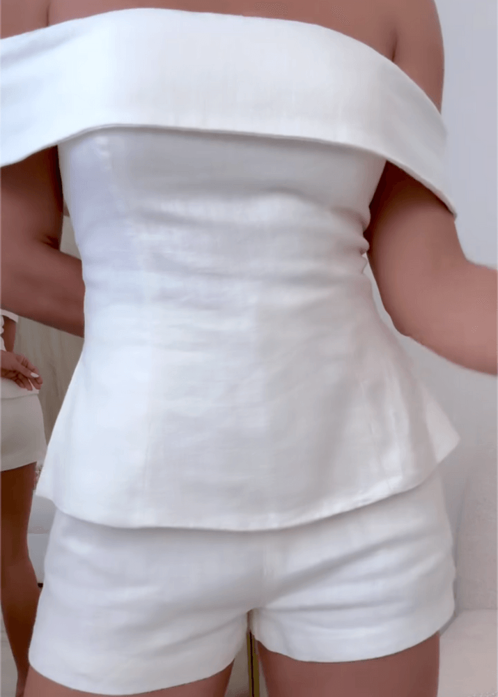 Elegantes zweiteiliges Anzug-Set aus weißer Baumwolle und Leinen für Damen