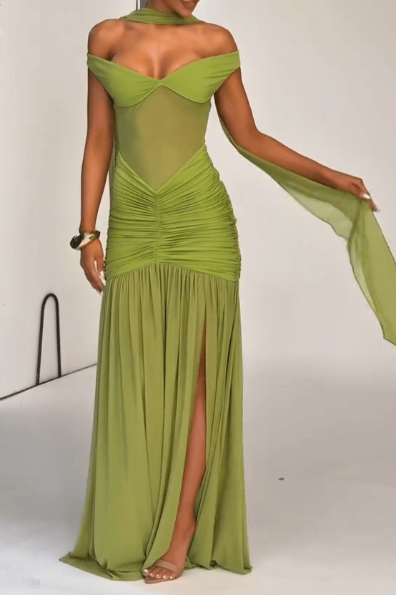 Elegantes V-Ausschnitt Maxikleid – Olivgrün