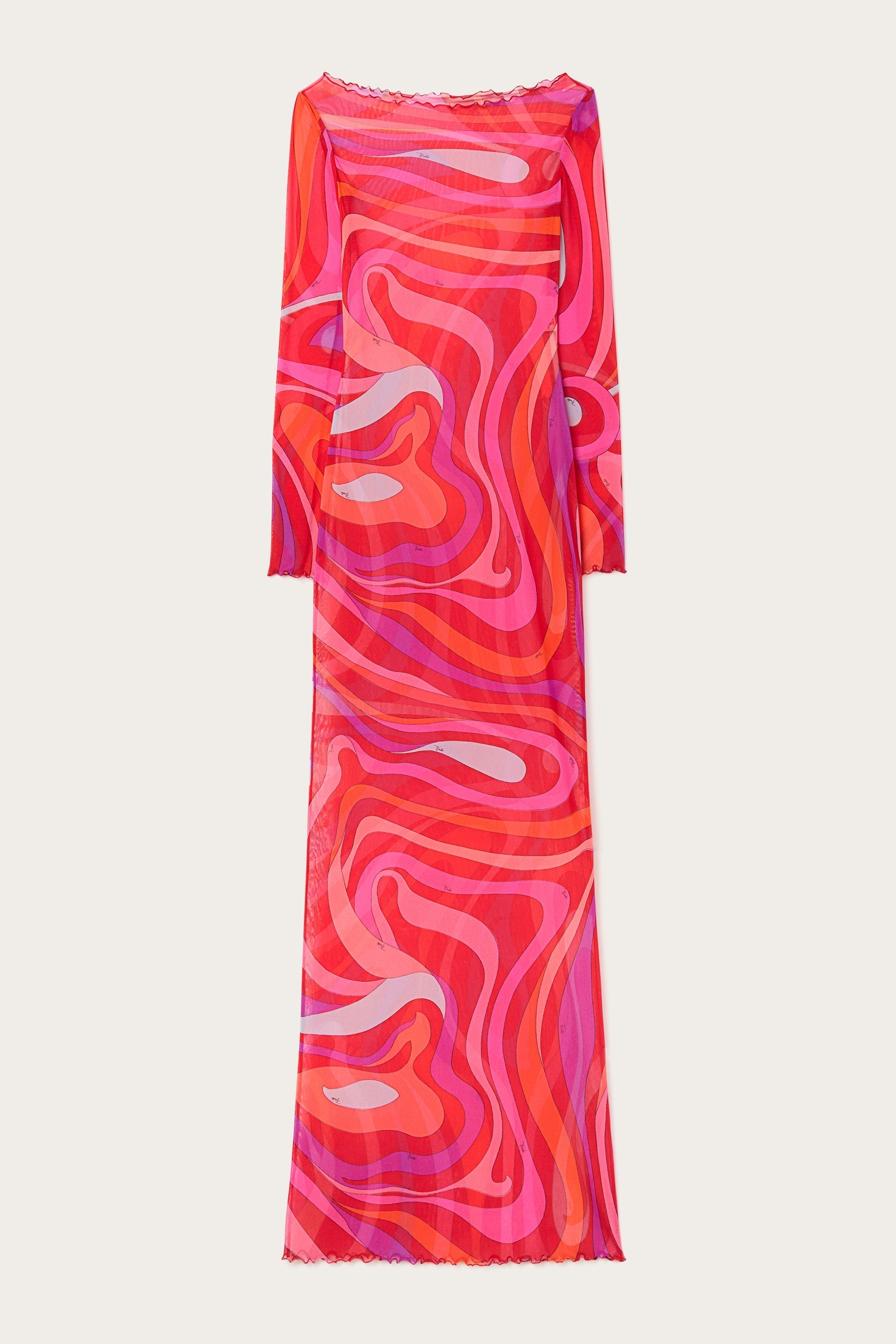 Marm Chiffon Maxi Kleid – Ein Kunstwerk aus Koralle und Fuchsia