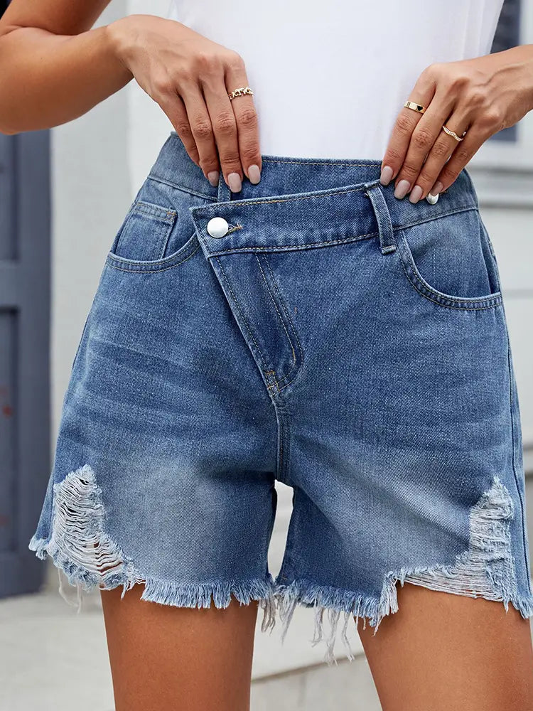 Sommer asymmetrische Fransen-Denim-Shorts