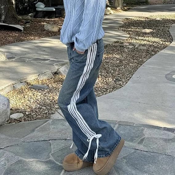 Hose mit niedrigem Bund, lockerem Schnitt, Seitenstreifen und Schleife, weitbeinige Jeans