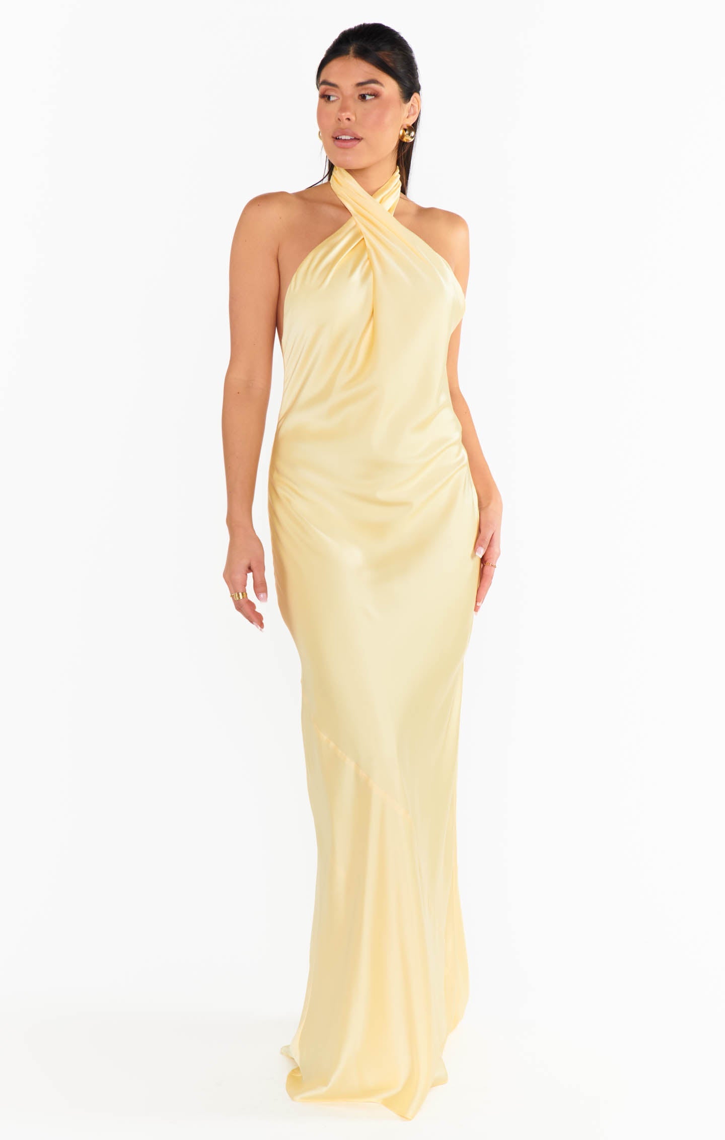Jasmine Neckholder Maxikleid ~ Hellgelb Luxus Satin