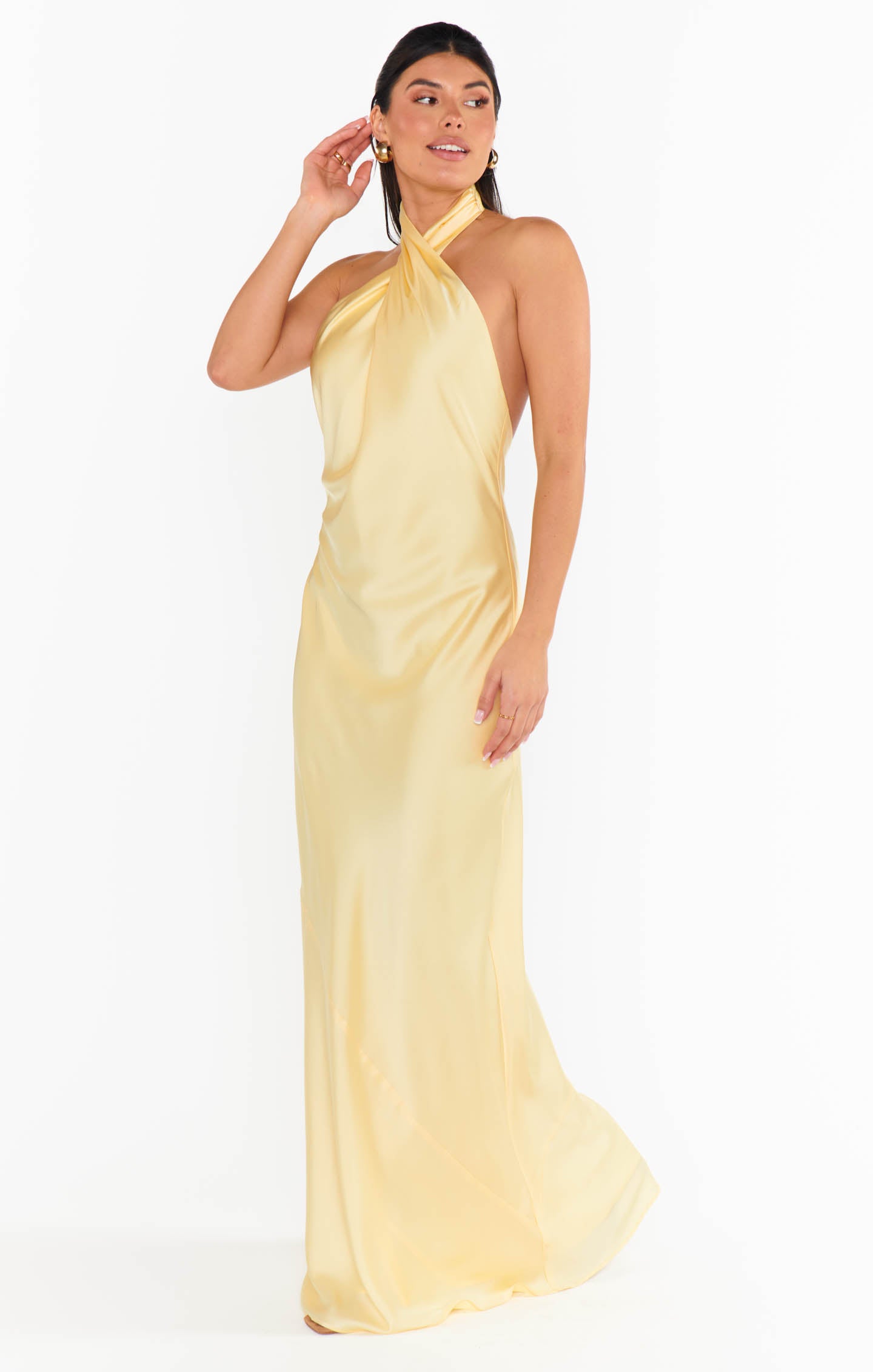 Jasmine Neckholder Maxikleid ~ Hellgelb Luxus Satin