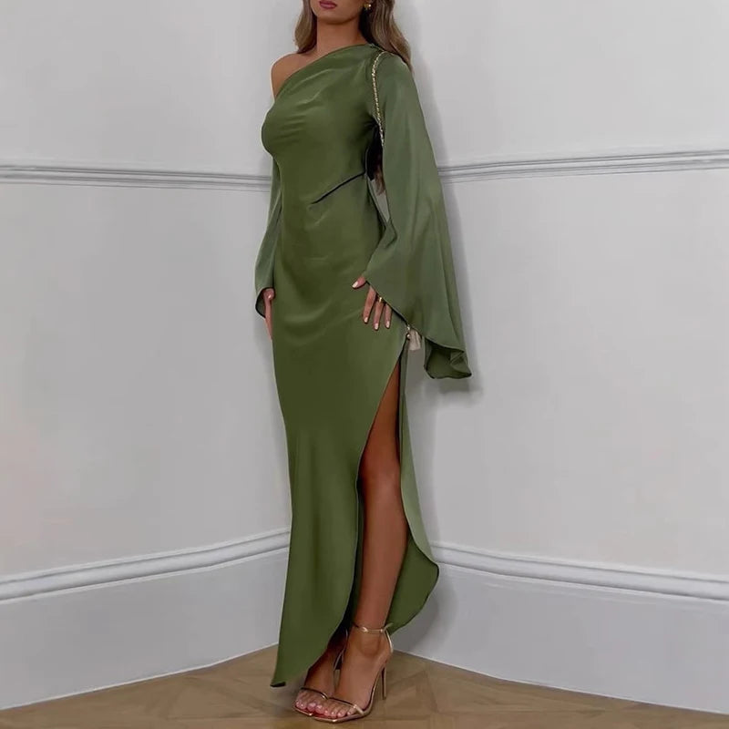 Sexy one shoulder off silk green maxi dress