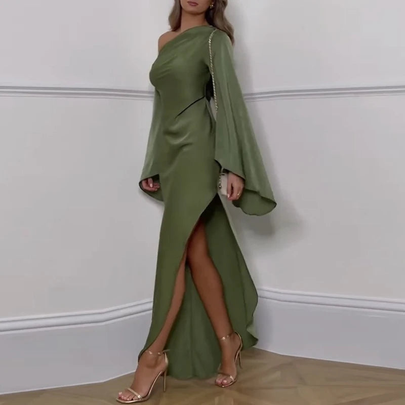 Sexy one shoulder off silk green maxi dress