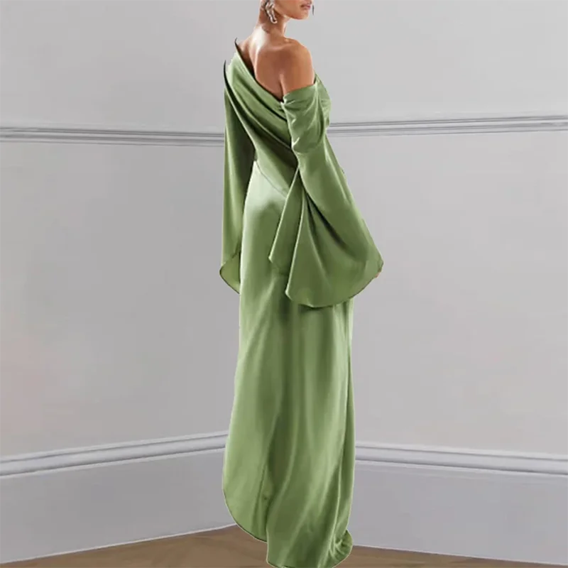 Sexy one shoulder off silk green maxi dress