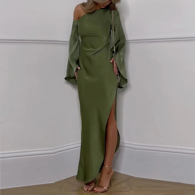 Sexy one shoulder off silk green maxi dress