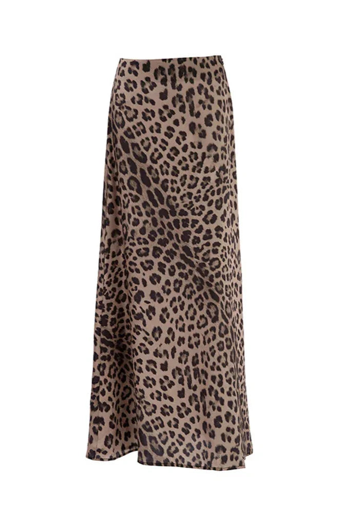 Frühlings Maxikleid mit Leopardenmuster und hoher Taille, ausgestellter Rock