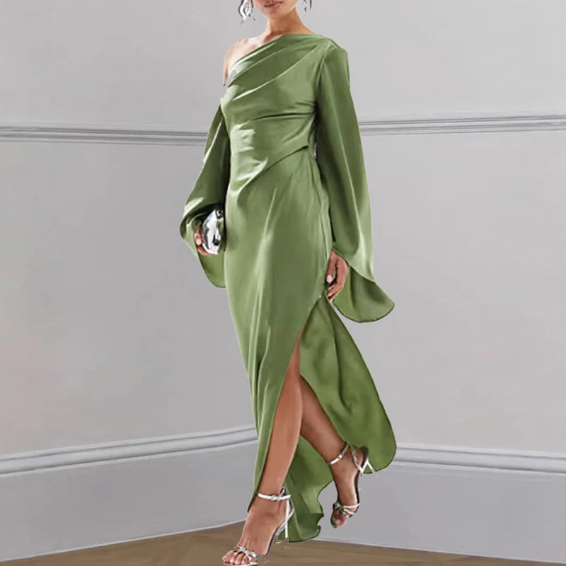 Sexy one shoulder off silk green maxi dress