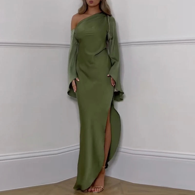 Sexy one shoulder off silk green maxi dress