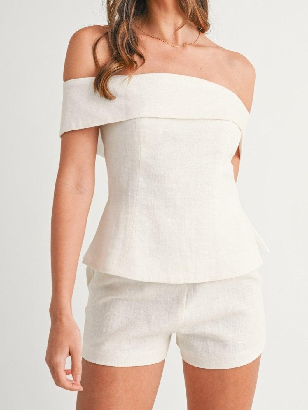 Elegantes zweiteiliges Anzug-Set aus weißer Baumwolle und Leinen für Damen