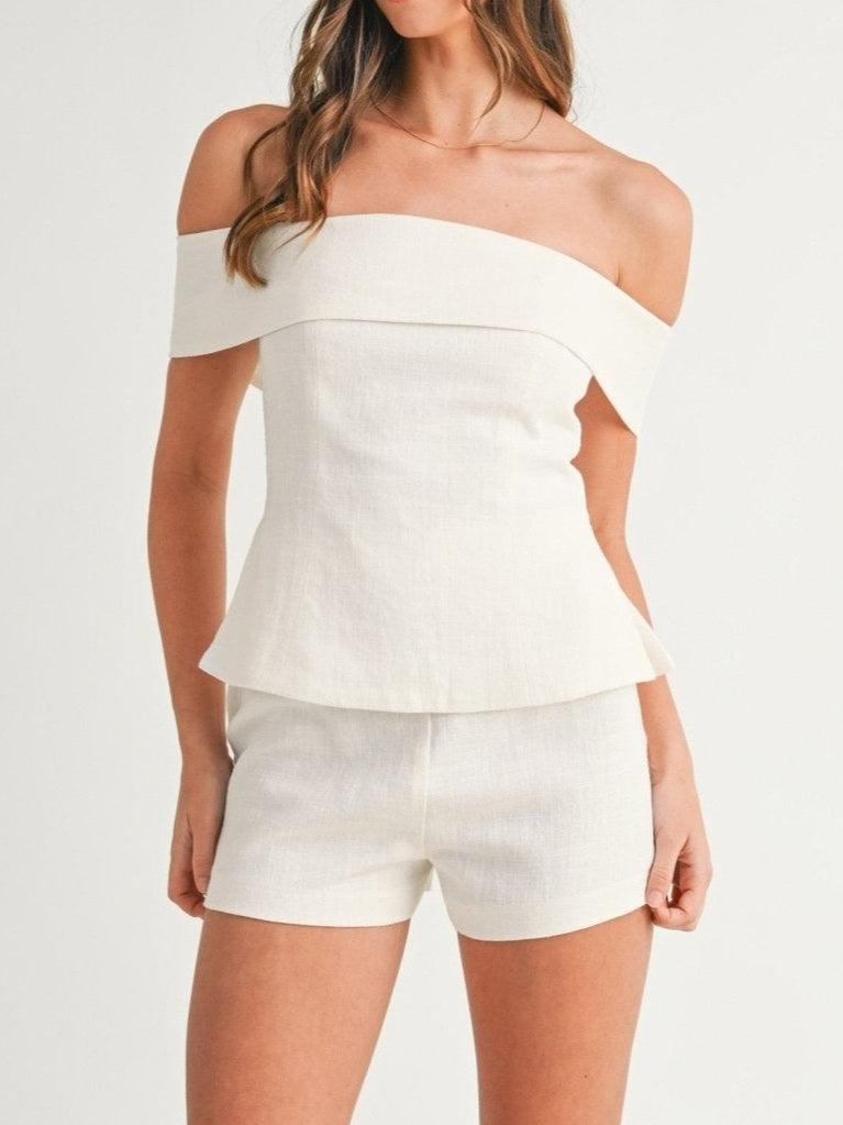 Elegantes zweiteiliges Anzug-Set aus weißer Baumwolle und Leinen für Damen