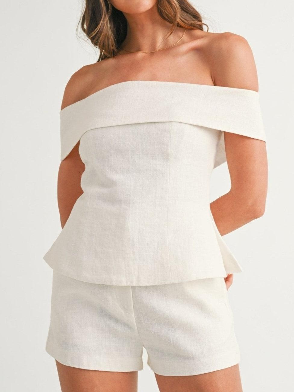 Elegantes zweiteiliges Anzug-Set aus weißer Baumwolle und Leinen für Damen